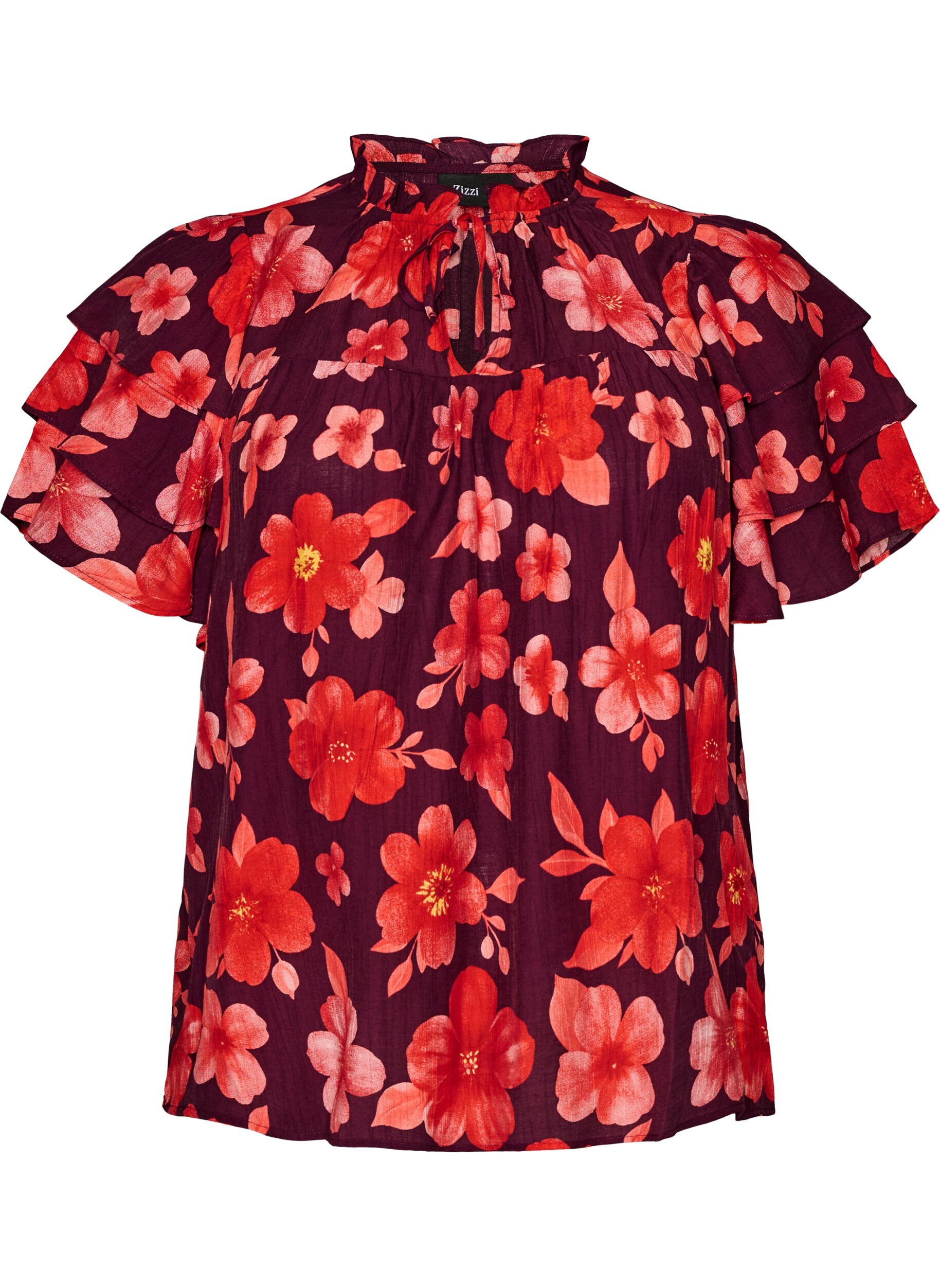 ZizzifashionFloral viscose blouse with ruffle sleeves, Purple, Packshot image number 0