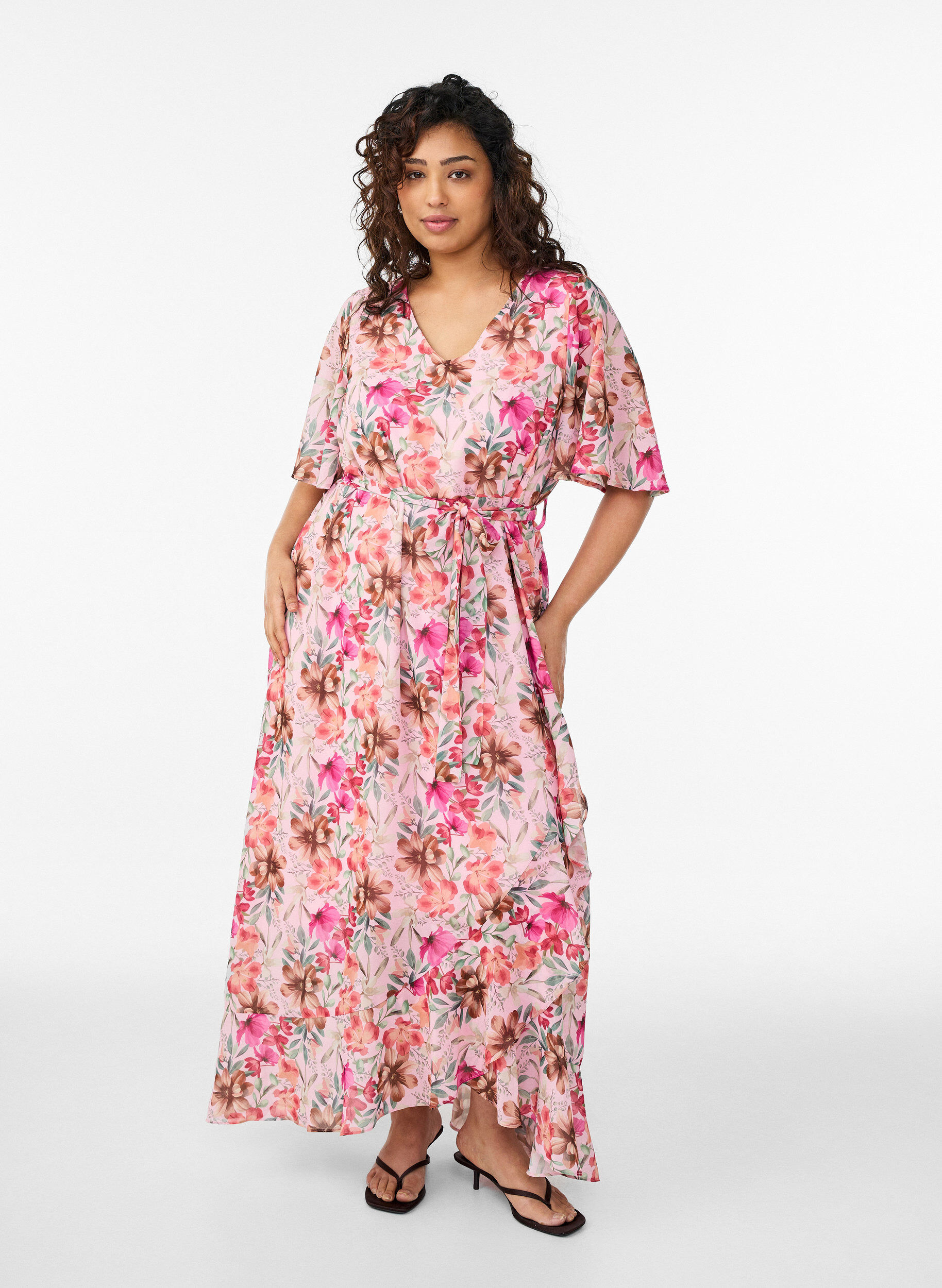 Chiffon maxi dress with a V-neck and ruffle hem, , Model