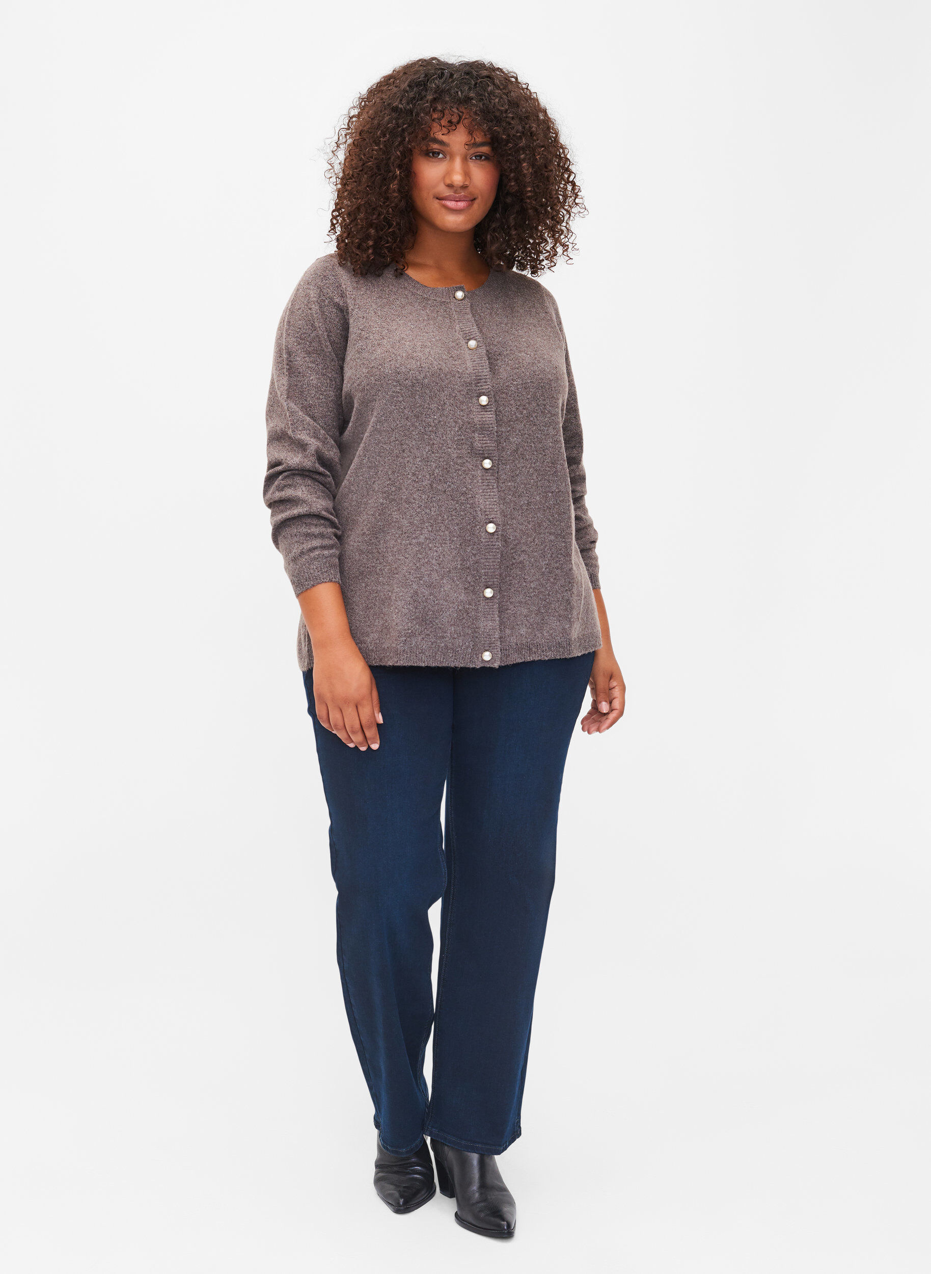 Short melange knit cardigan with pearl 