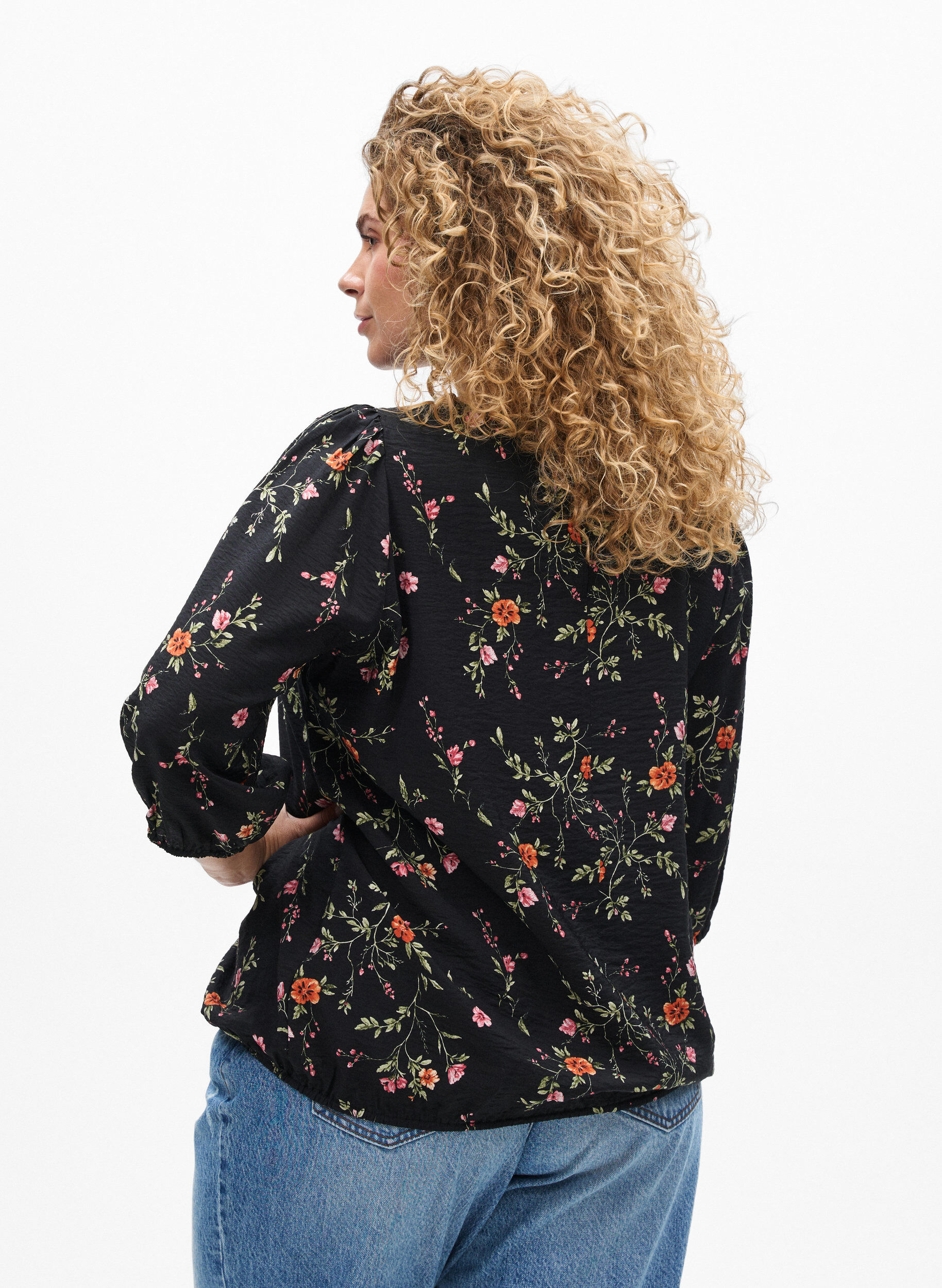 ZizzifashionBlouse with 3/4 sleeves and lace details, Black, Model image number 2