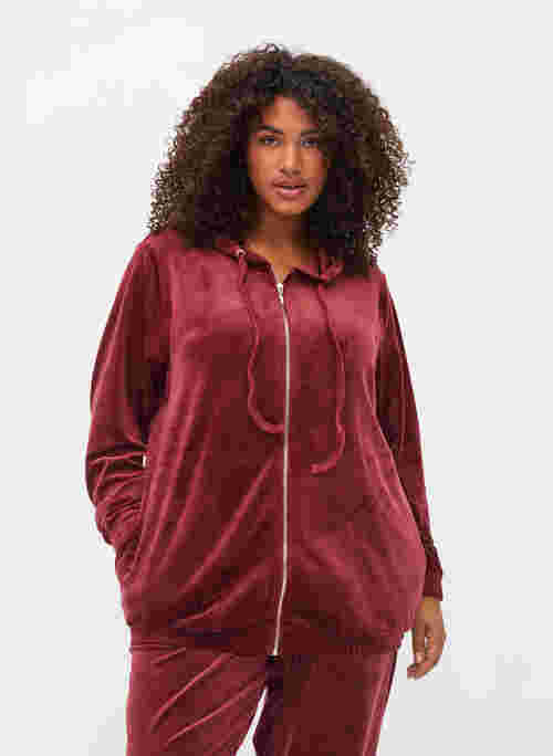Velour cardigan with zip and hood