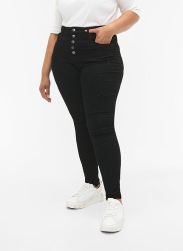 High-waisted Amy jeans with buttons, Black, Model image number 2
