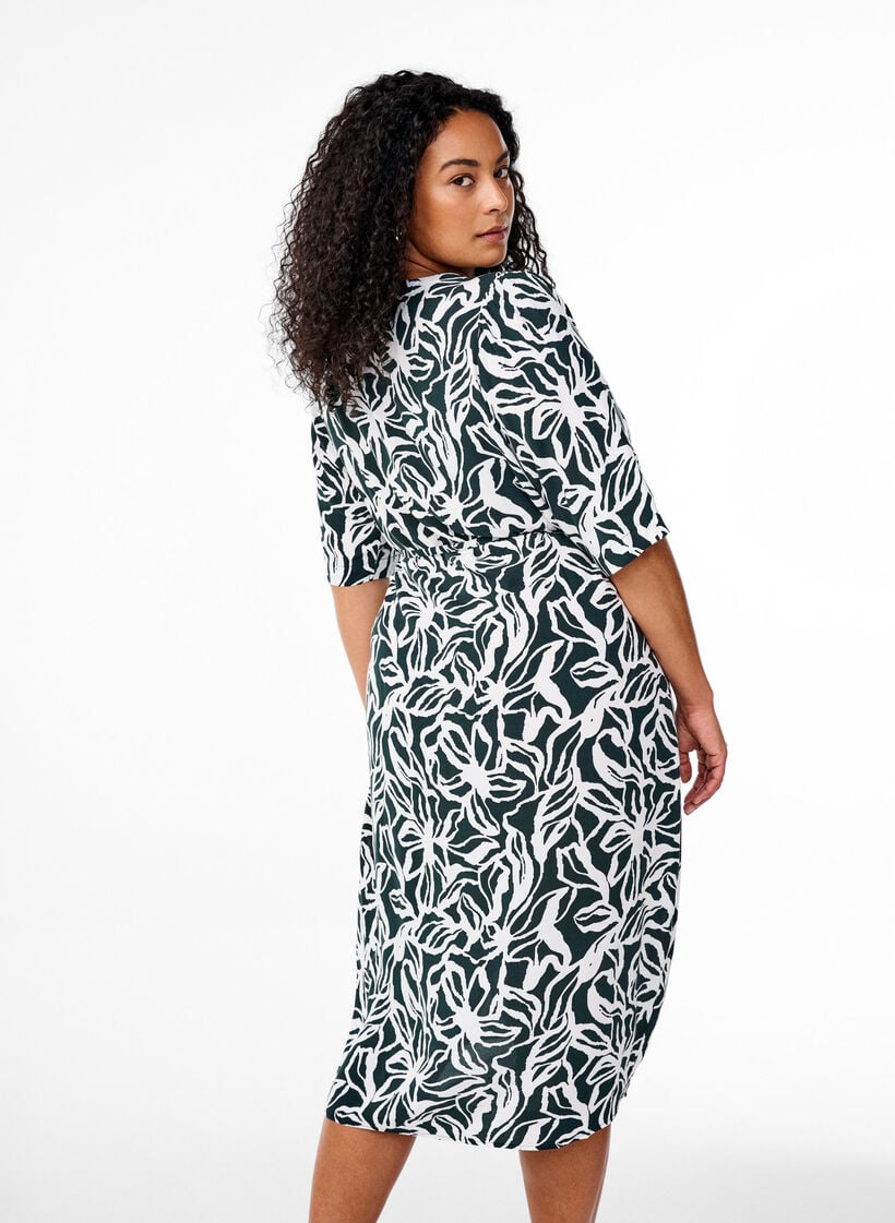 FLASH - Midi dress with print and tie belt, Green, Model image number 2