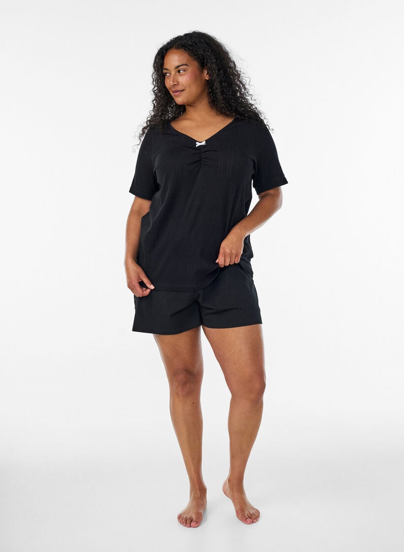 Night top in organic cotton with eyelet embroidery, Black, Model image number 1