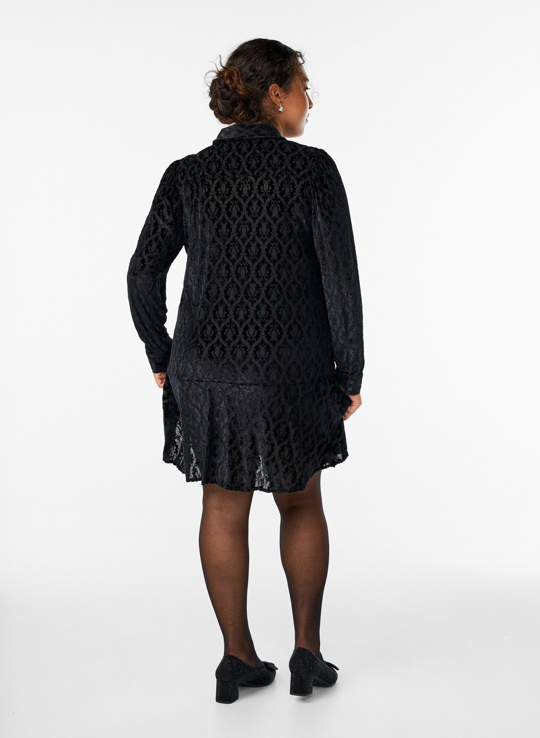 Zizzifashion Short dress with a velour pattern, Black, Model image number 2