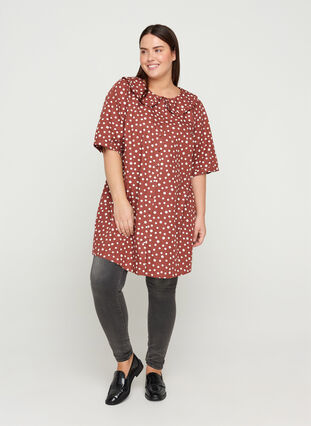 Short-sleeved cotton tunic with dots, Marsala AOP, Model image number 2