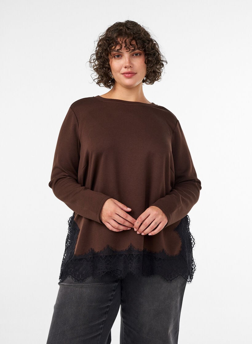 Jersey blouse with lace trim, Brown, Model image number 0