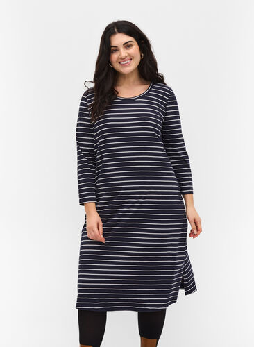 Striped cotton dress with slits, Blue Stripe, Model image number 0