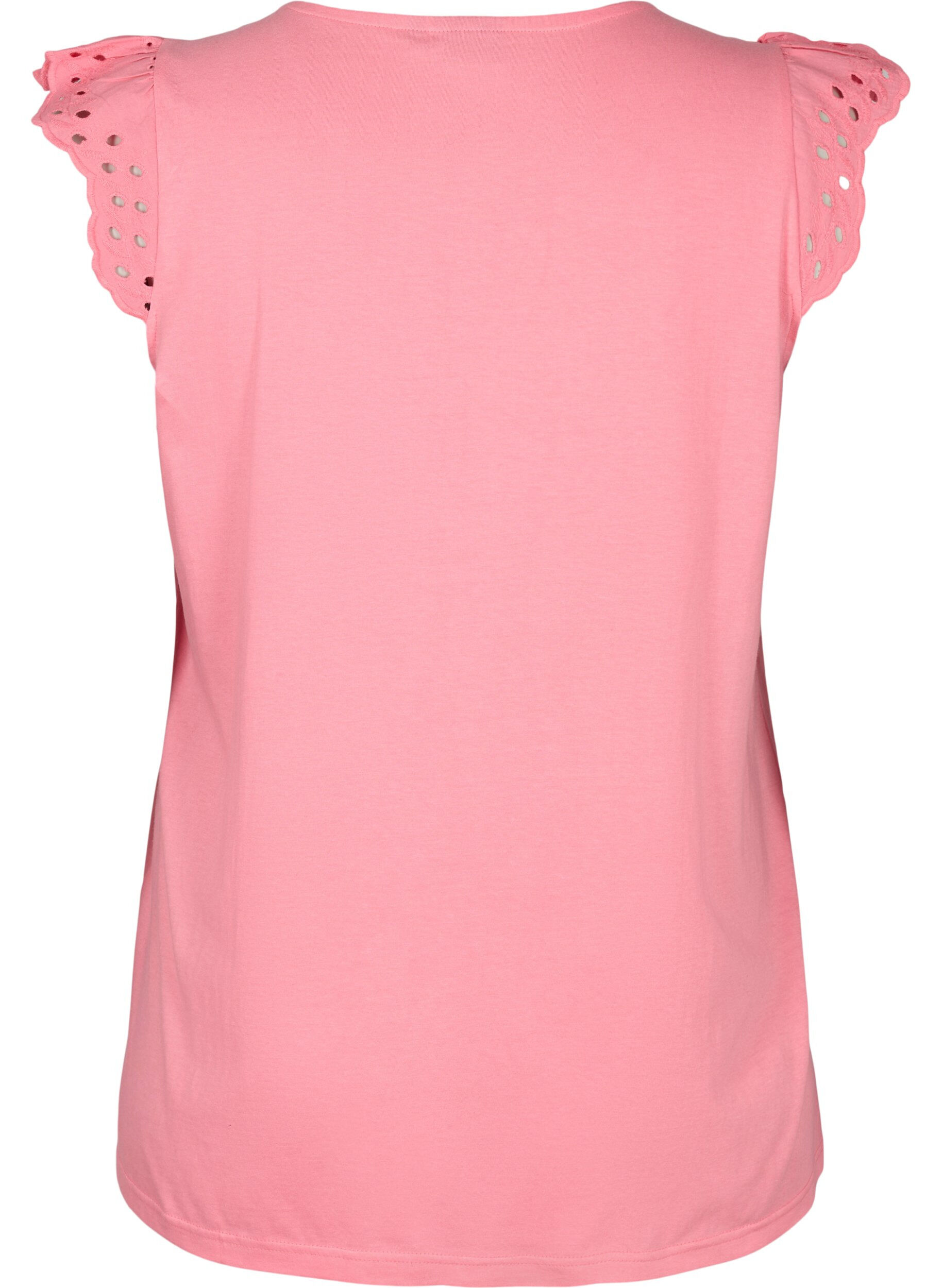 Zizzifashion Organic cotton T-shirt with broderie anglaise, Strawberry Pink , Packshot image number 1