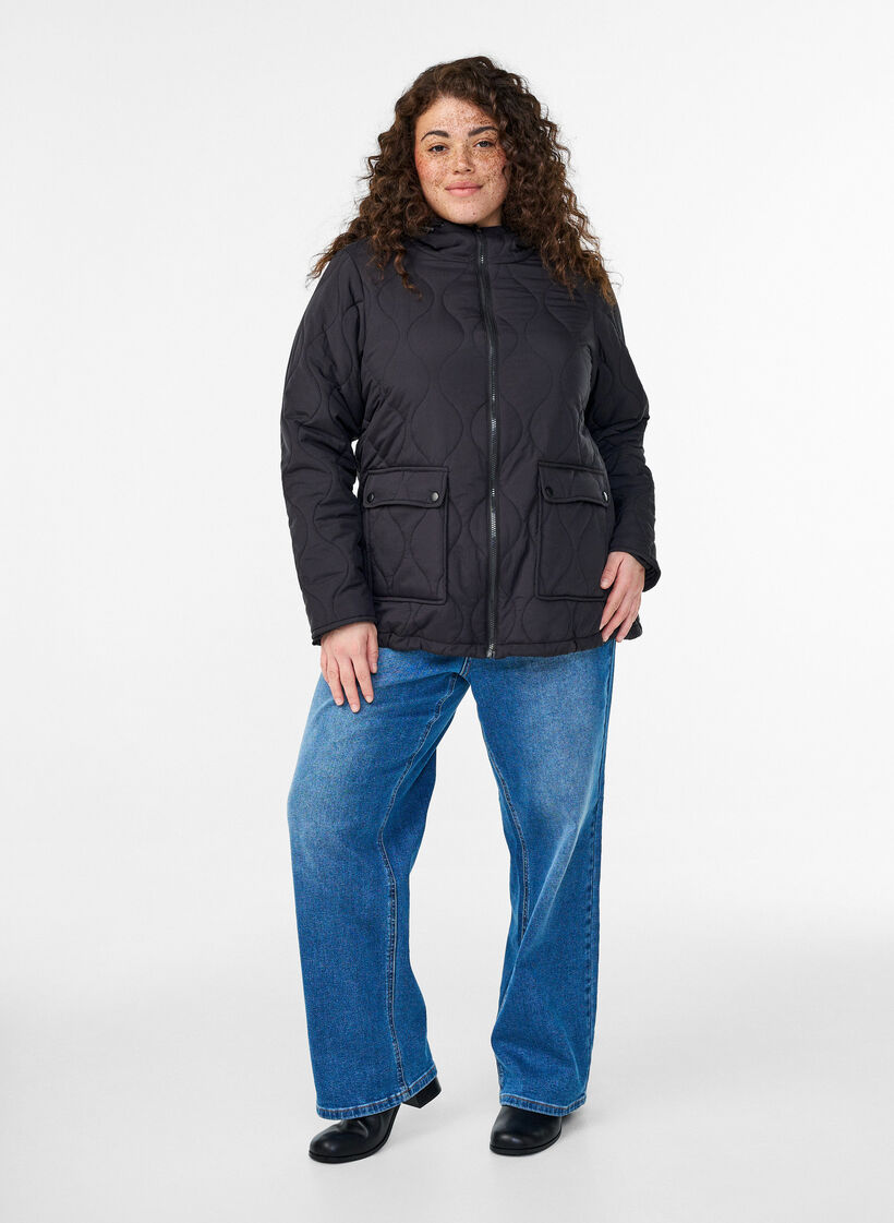 Quilted jacket with a hood and pockets, Black, Model image number 1