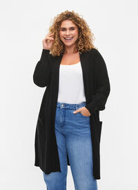 Long knitted cardigan with pockets, Black, Model