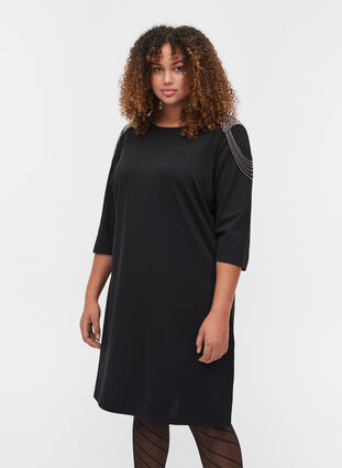 3/4 sleeve beaded dress, Black, Model image number 0