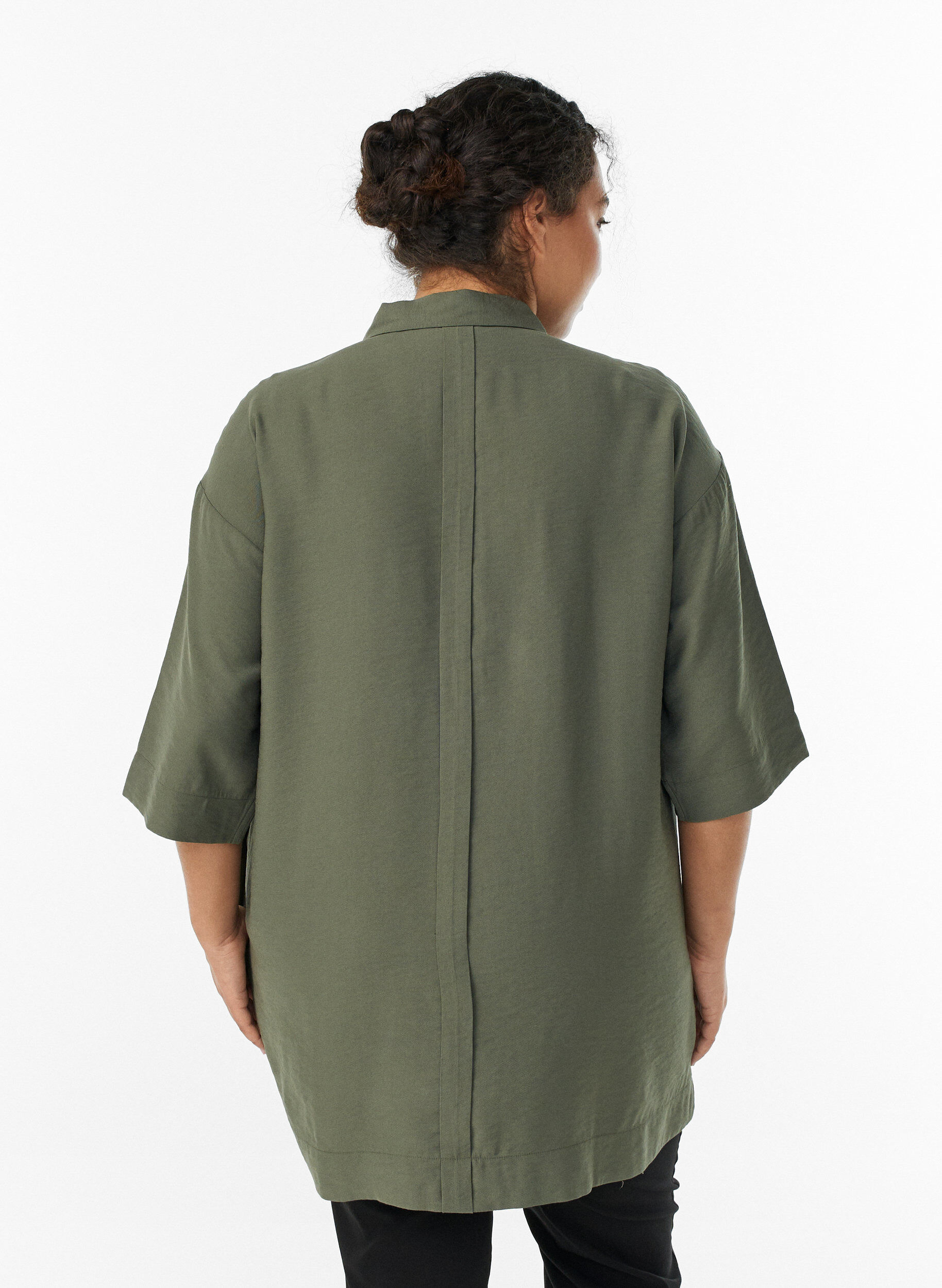 Zizzifashion Tunic in viscose with pockets and collar, Green, Model image number 2
