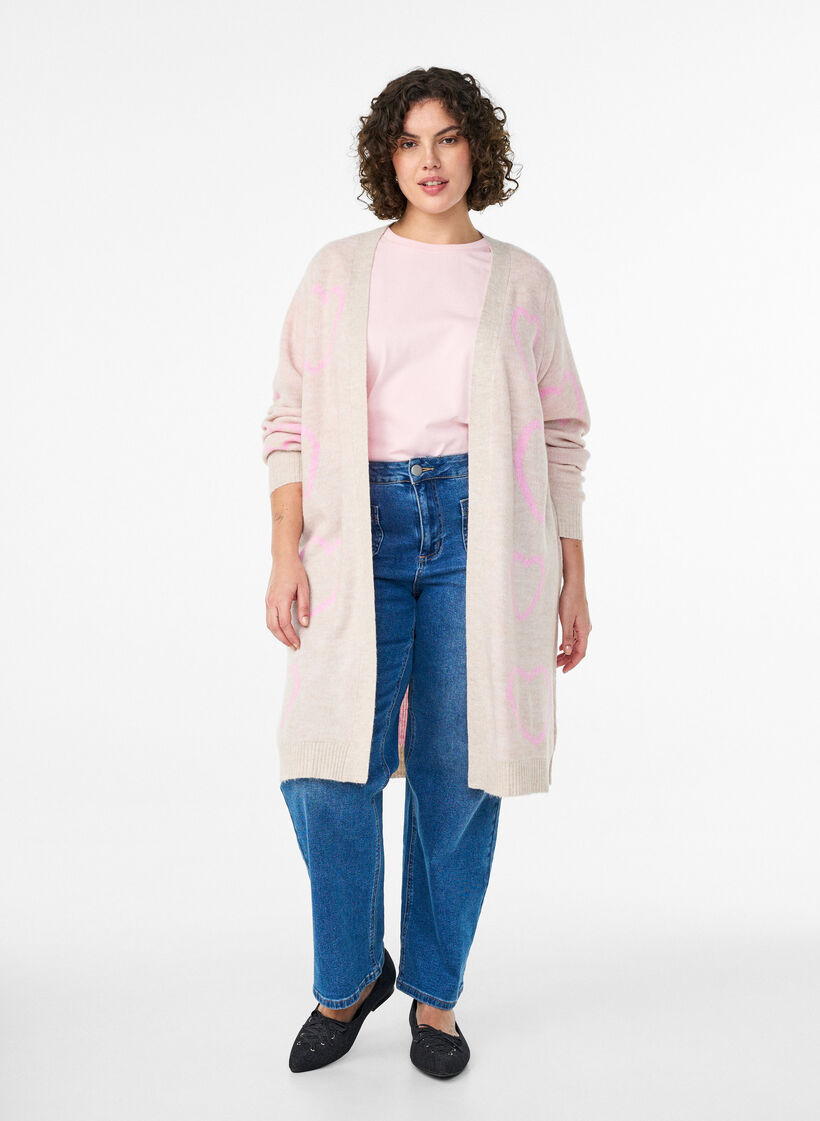 Long cardigan with tone-on-tone hearts, Beige, Model image number 1