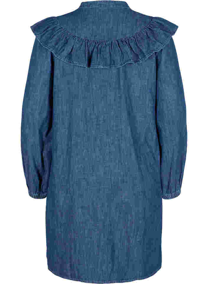 Ruffled denim dress with embellished buttons, Dark blue denim, Packshot image number 1