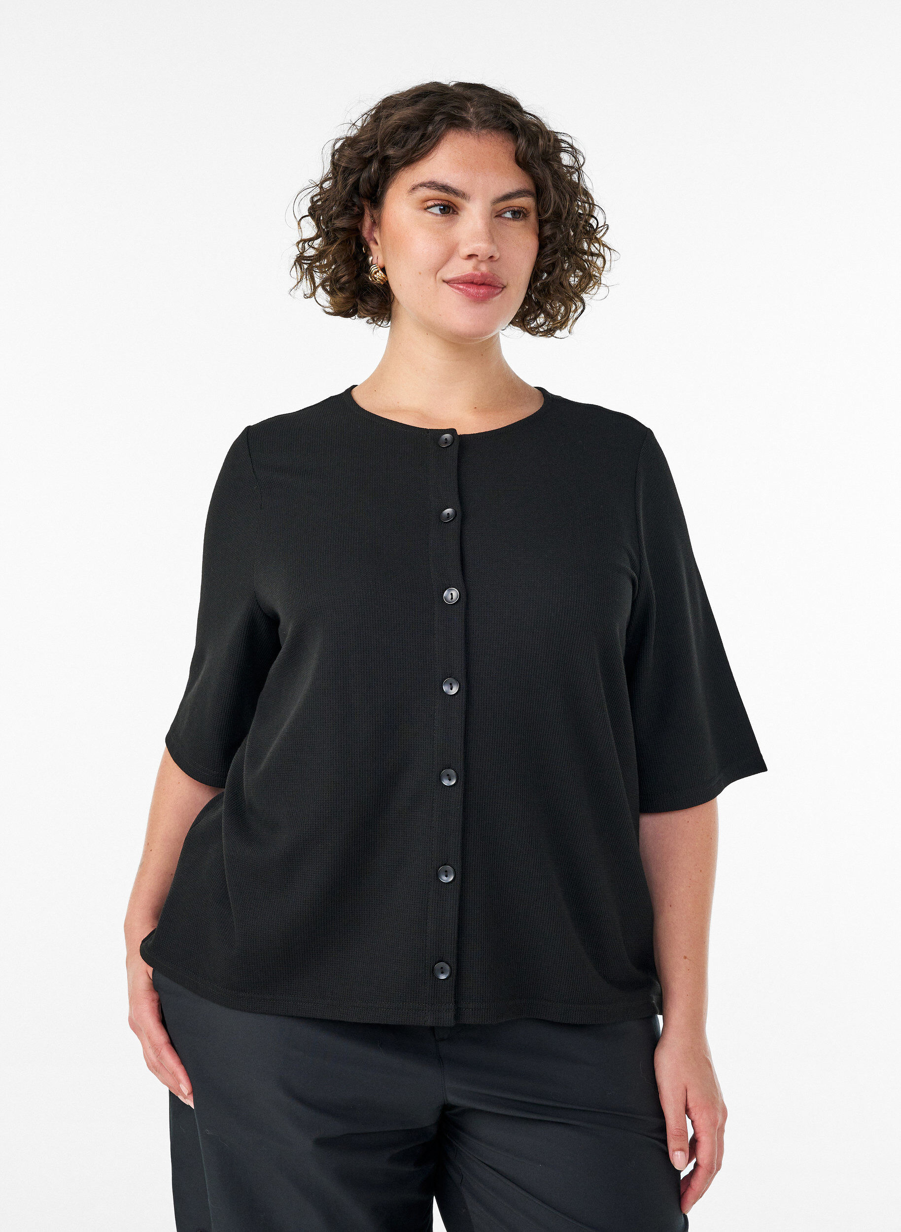 ZizzifashionBlouse with a ribbed texture and button closure, Black, Model image number 0