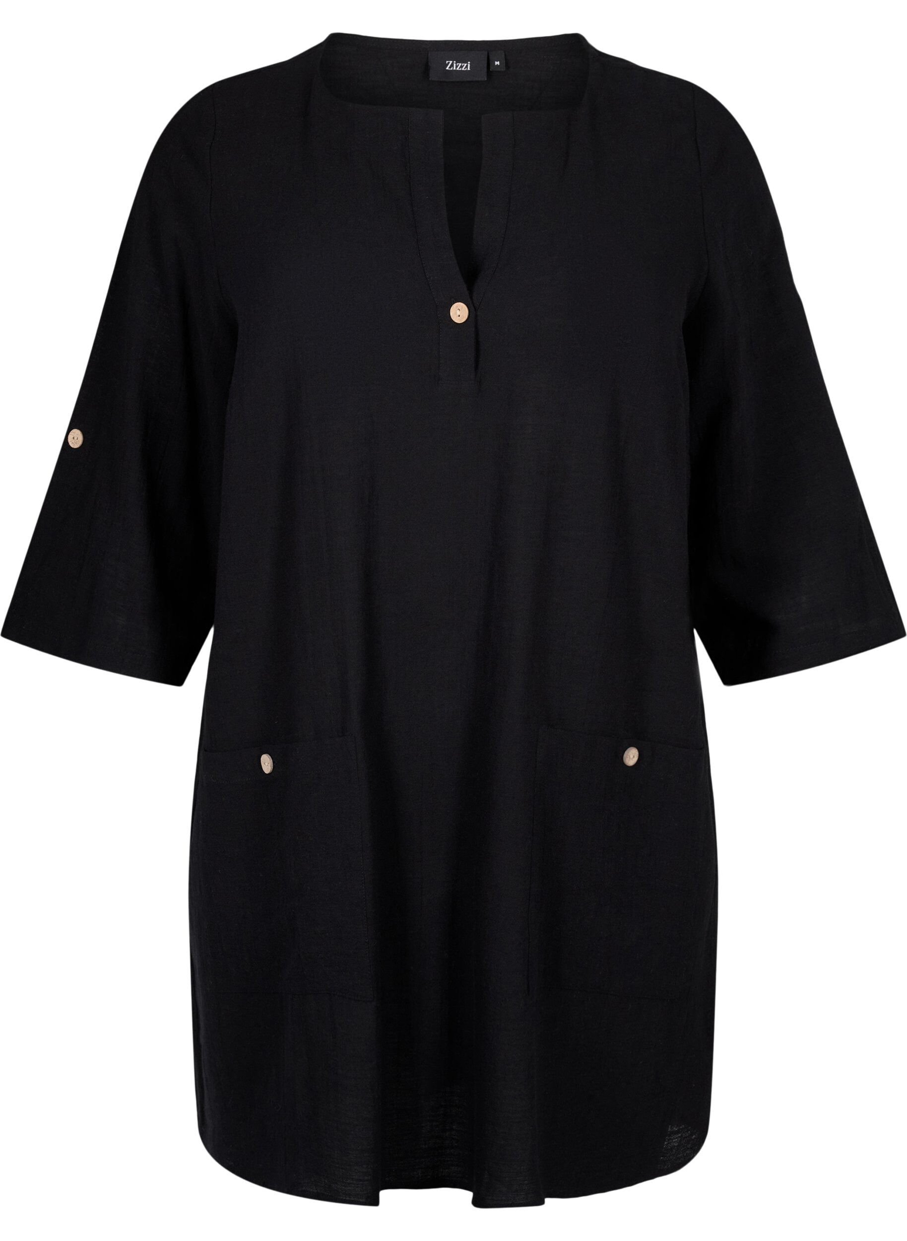 Zizzifashion 3/4 sleeve cotton blend tunic with linen, Black, Packshot image number 0