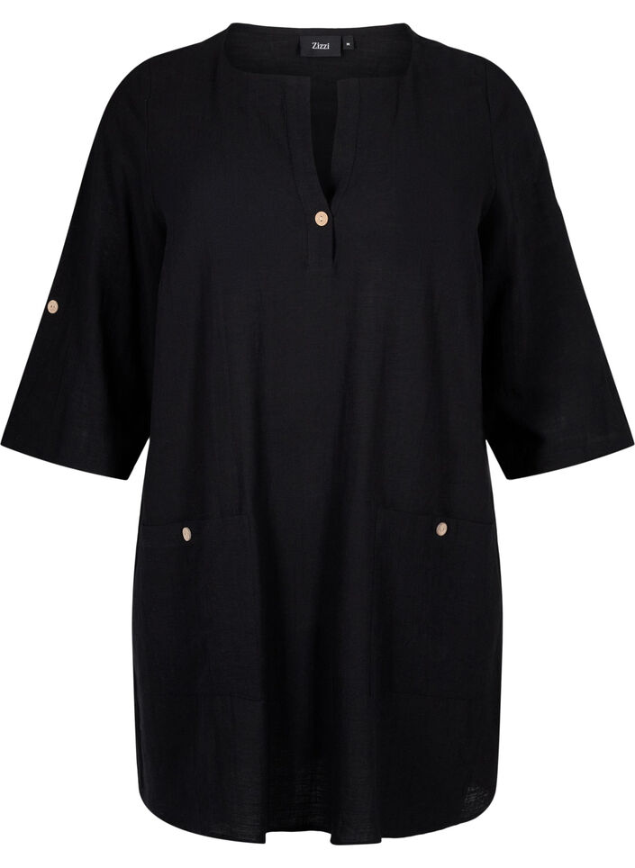 3/4 sleeve cotton blend tunic with linen, Black, Packshot image number 0