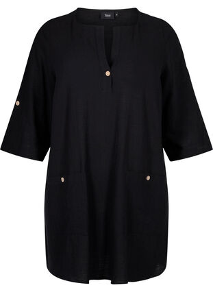 3/4 sleeve cotton blend tunic with linen, Black, Packshot image number 0