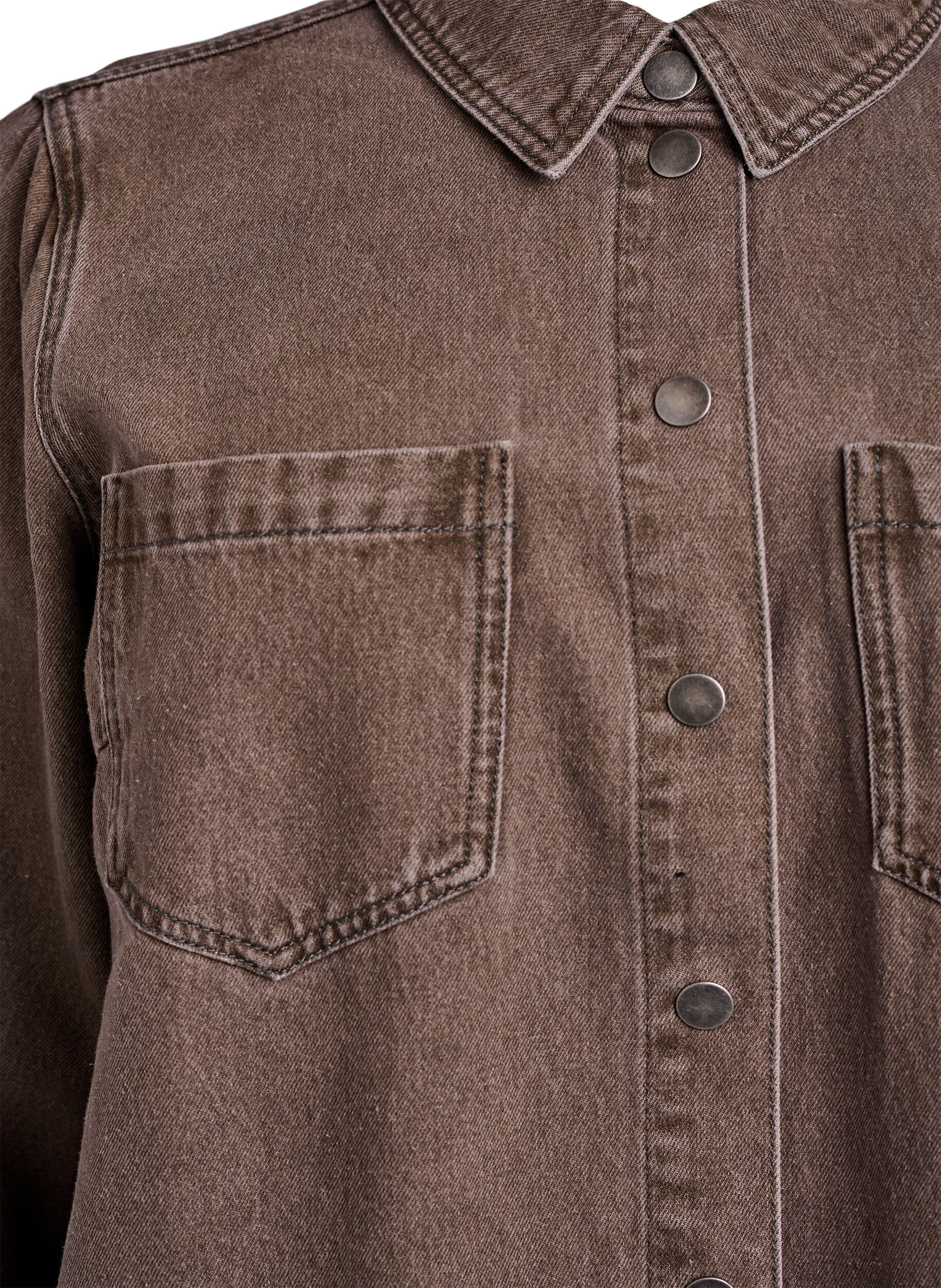 Zizzifashion Coloured denim shirt with chest pockets, Brown, Packshot image number 2