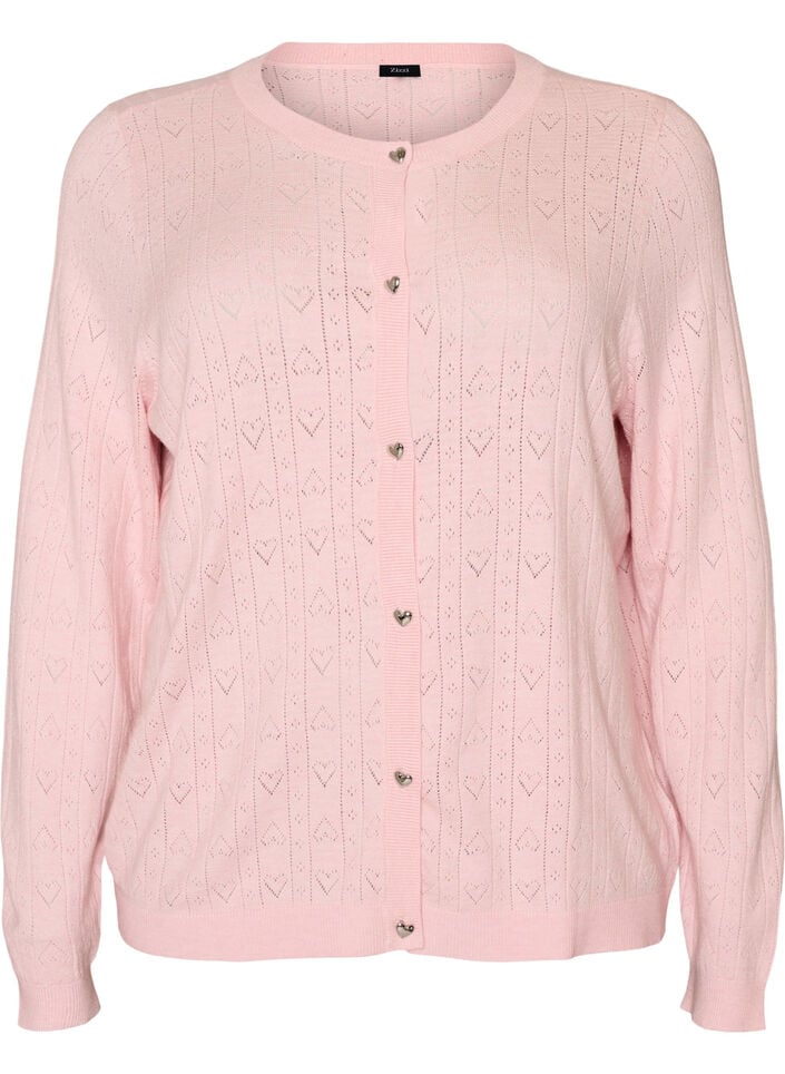 Knitted cardigan with heart eyelet embroidery, Pink, Packshot image number 0