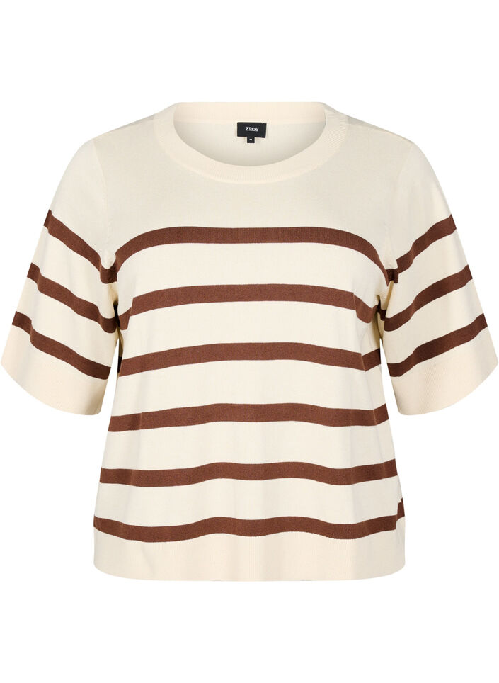 Striped knit top with short sleeves, Beige, Packshot image number 0