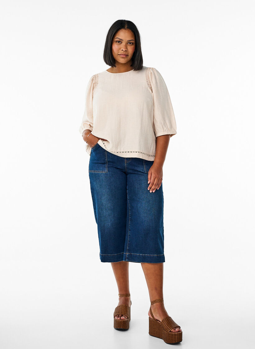 Viscose blend blouse with linen and gathered shoulders, Coral, Model image number 1