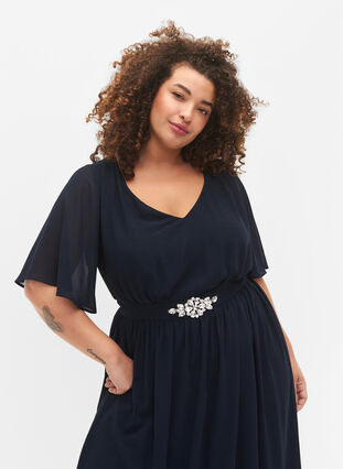 Maxi dress with pleats and short sleeves, Total Eclipse, Model image number 2