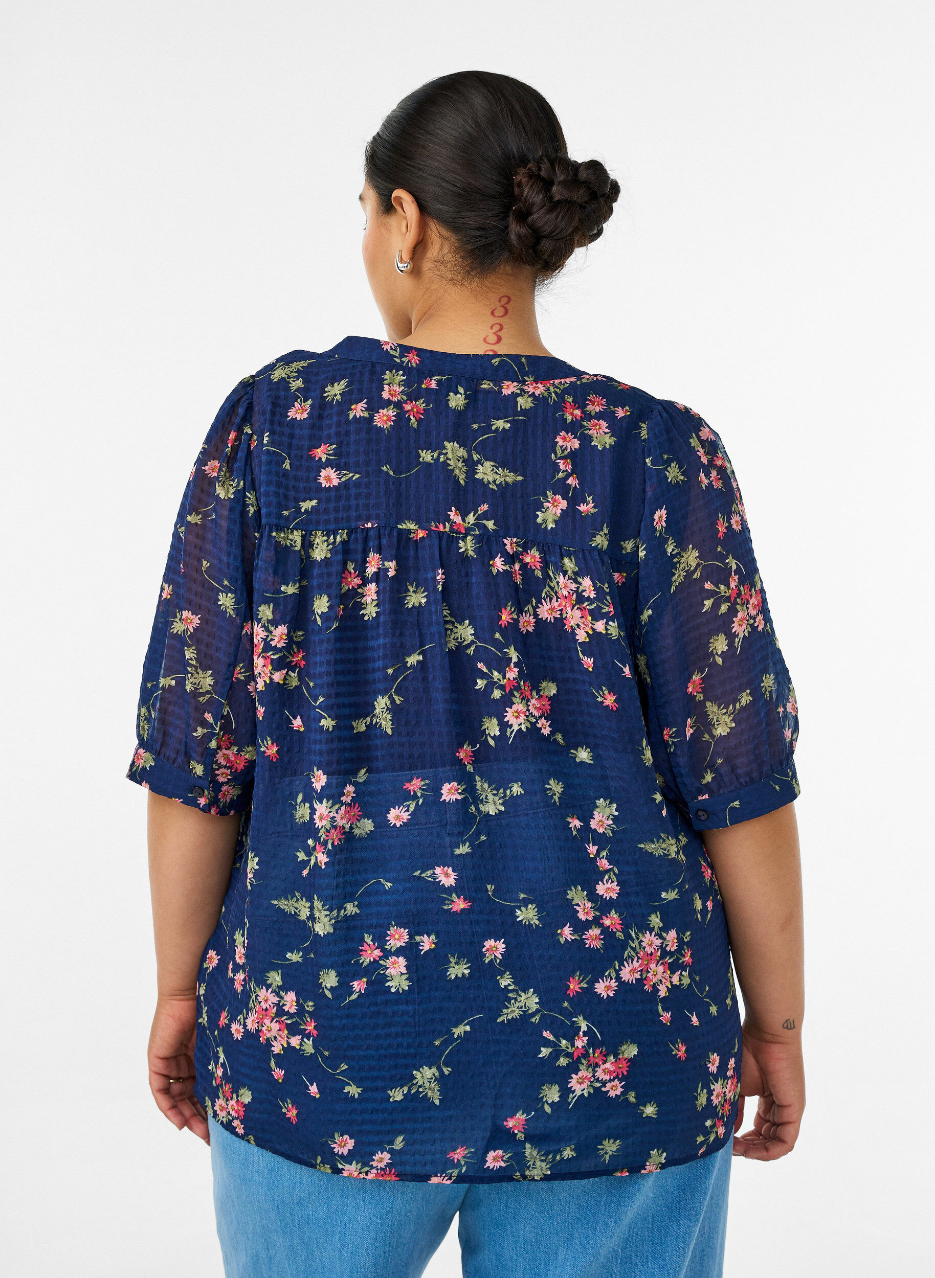 ZizzifashionBlouse with floral print and V-neck, Blue, Model image number 2