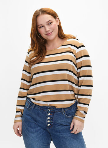 Striped blouse with long sleeves, Stripe, Model image number 0