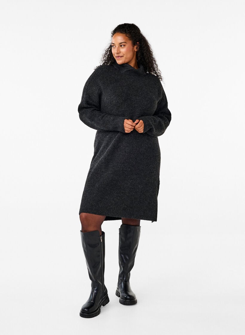 Knitted dress with turtleneck, Dark Grey, Model image number 1