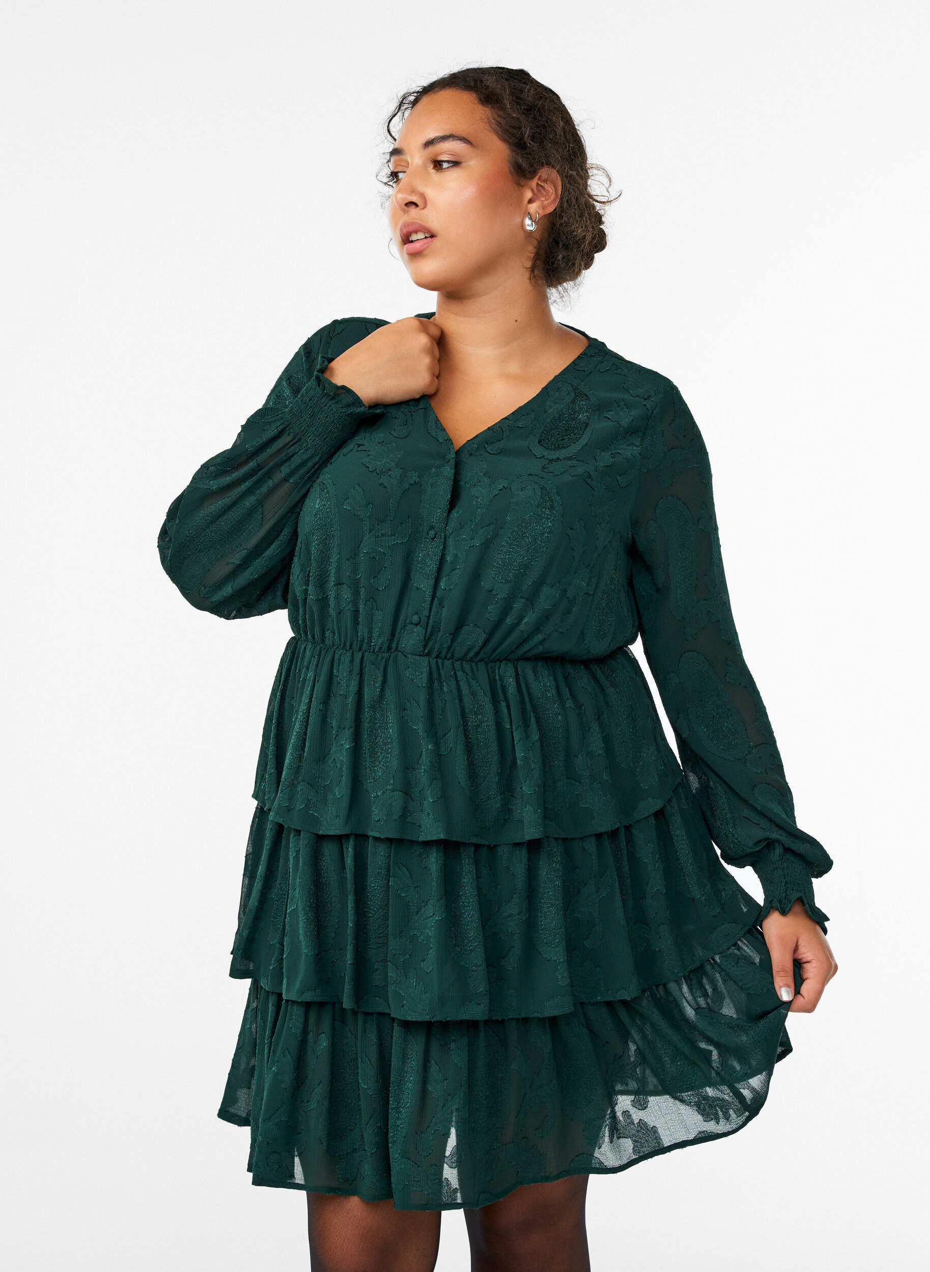 ZizzifashionShort dress with ruffles and a textured pattern, Green, Model image number 0