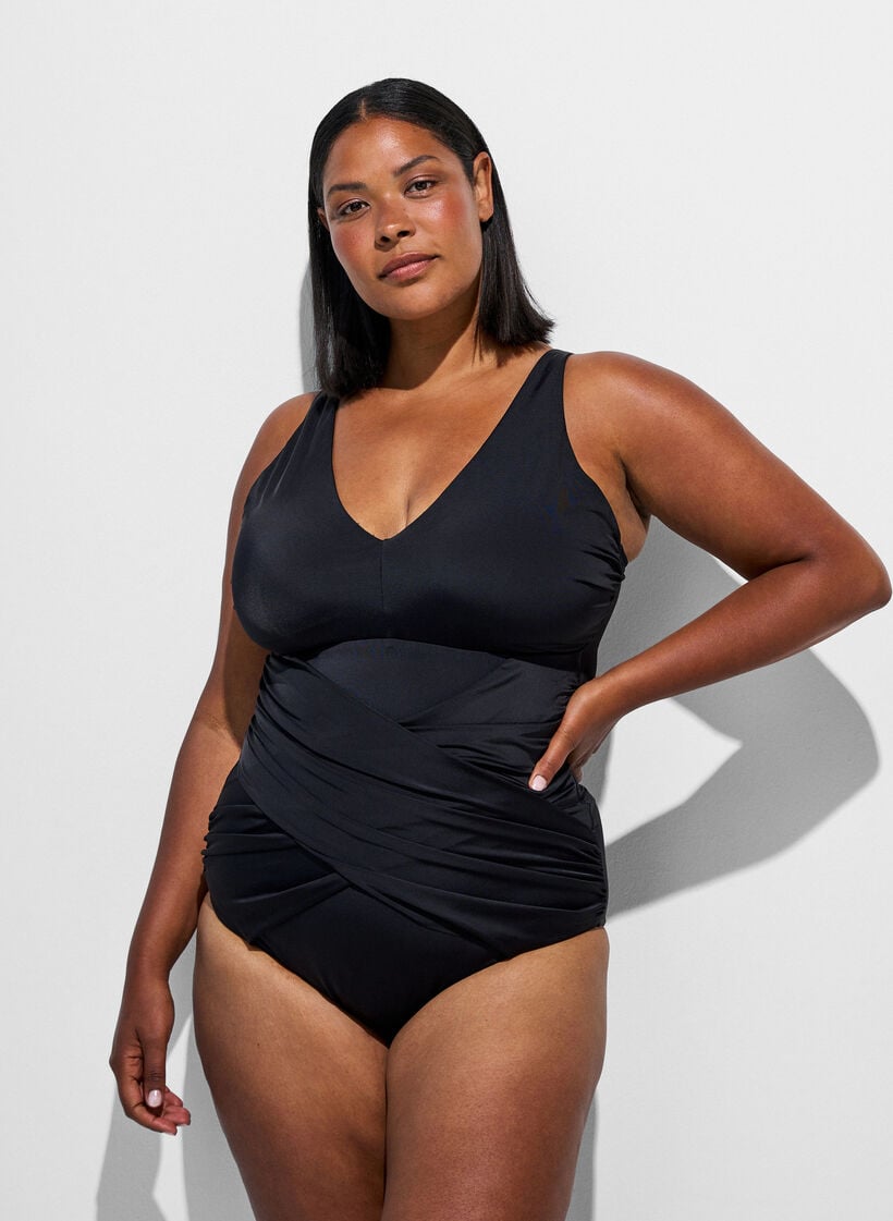 Swimsuit with a draped cross detail, Black, Model image number 0