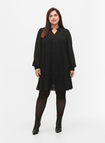 Jacquard dress with ruffle collar, Black, Model image number 2