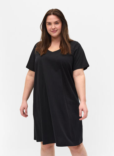 Short-sleeved cotton dress with a-shape, Black, Model image number 0