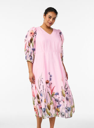 Midi dress with an empire line and floral print - Pink - Sz. 40-64 - Zizzifashion Midi dress with an empire line and floral print - Pink - Sz. 40-64 - Zizzifashion