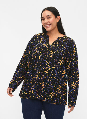 FLASH - Long sleeve blouse with print, Black Splash AOP, Model image number 0