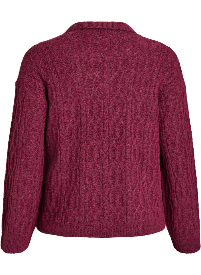 Cable knit sweater with polo collar, Dark Bordeaux, Packshot image number 1