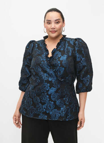 Jacquard wrap blouse with 3/4 sleeves, Black Blue, Model image number 0