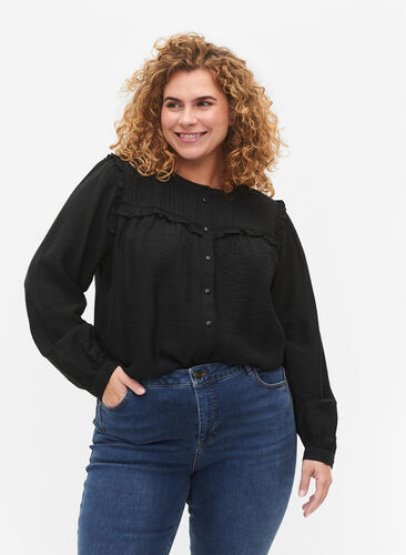Shirt blouse with ruffles and pleats, Black, Model image number 0