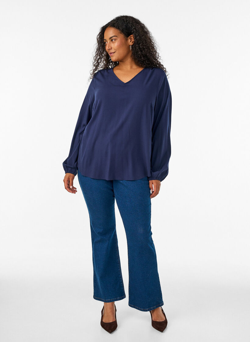 Viscose blouse with V-neck and rounded hem, Blue, Model image number 1