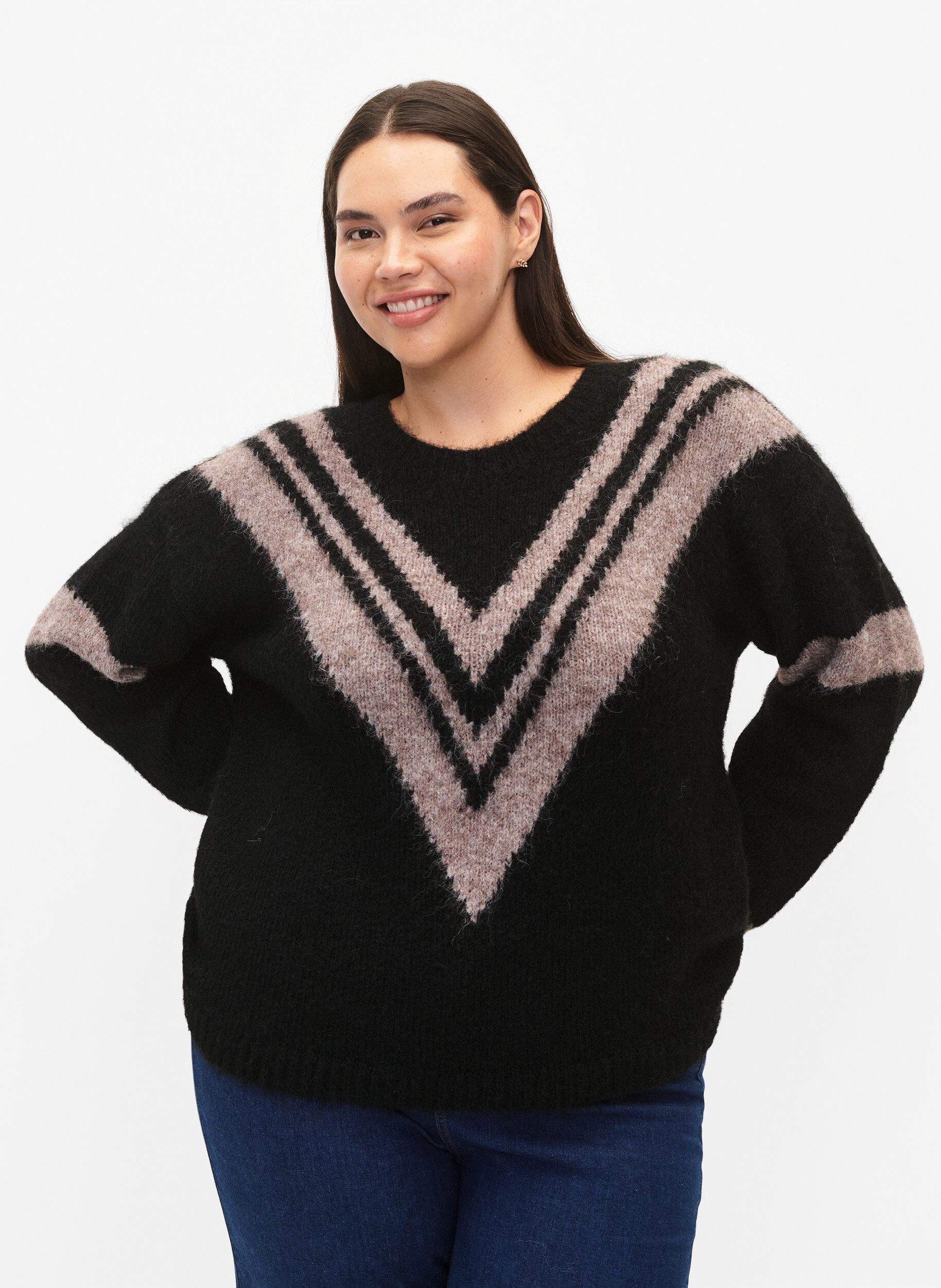 Zizzifashion Knitted sweater with striped detail, Black Comb, Model image number 0