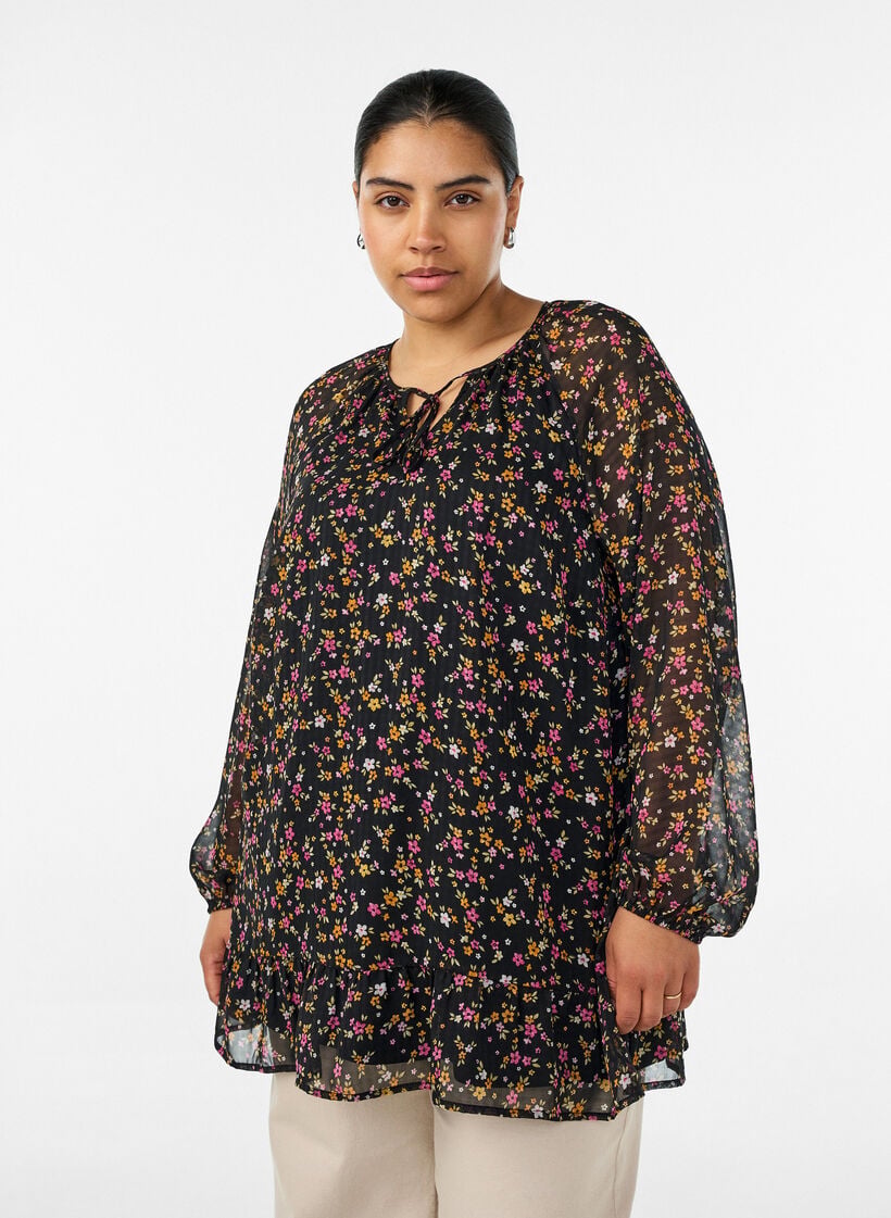 Floral print A-line tunic, Black, Model image number 0