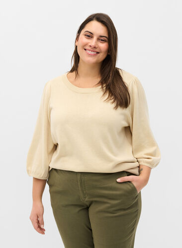 Knit blouse with 3/4-sleeves, Birch, Model image number 0