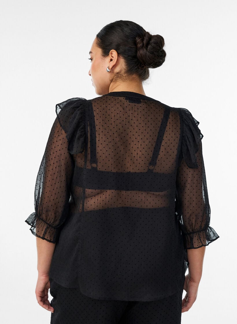 Sheer shirt blouse with dots and ruffle details, Black, Model image number 2