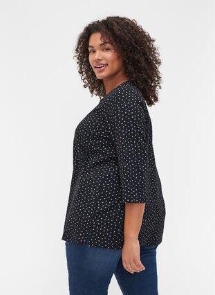 Cotton top with 3/4-length sleeves and floral print, Black w. Blue Flower, Model image number 1