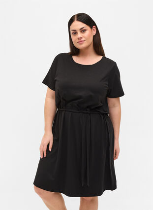 Short sleeve dress with waist belt, Black, Model image number 0