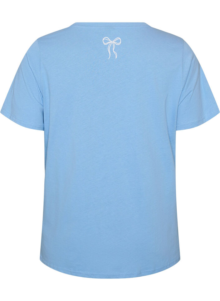 Cotton T-shirt with V-neck and front print, Light Blue, Packshot image number 1