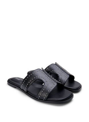 Flat slip-on wide fit sandals with studs, Black, Packshot image number 1