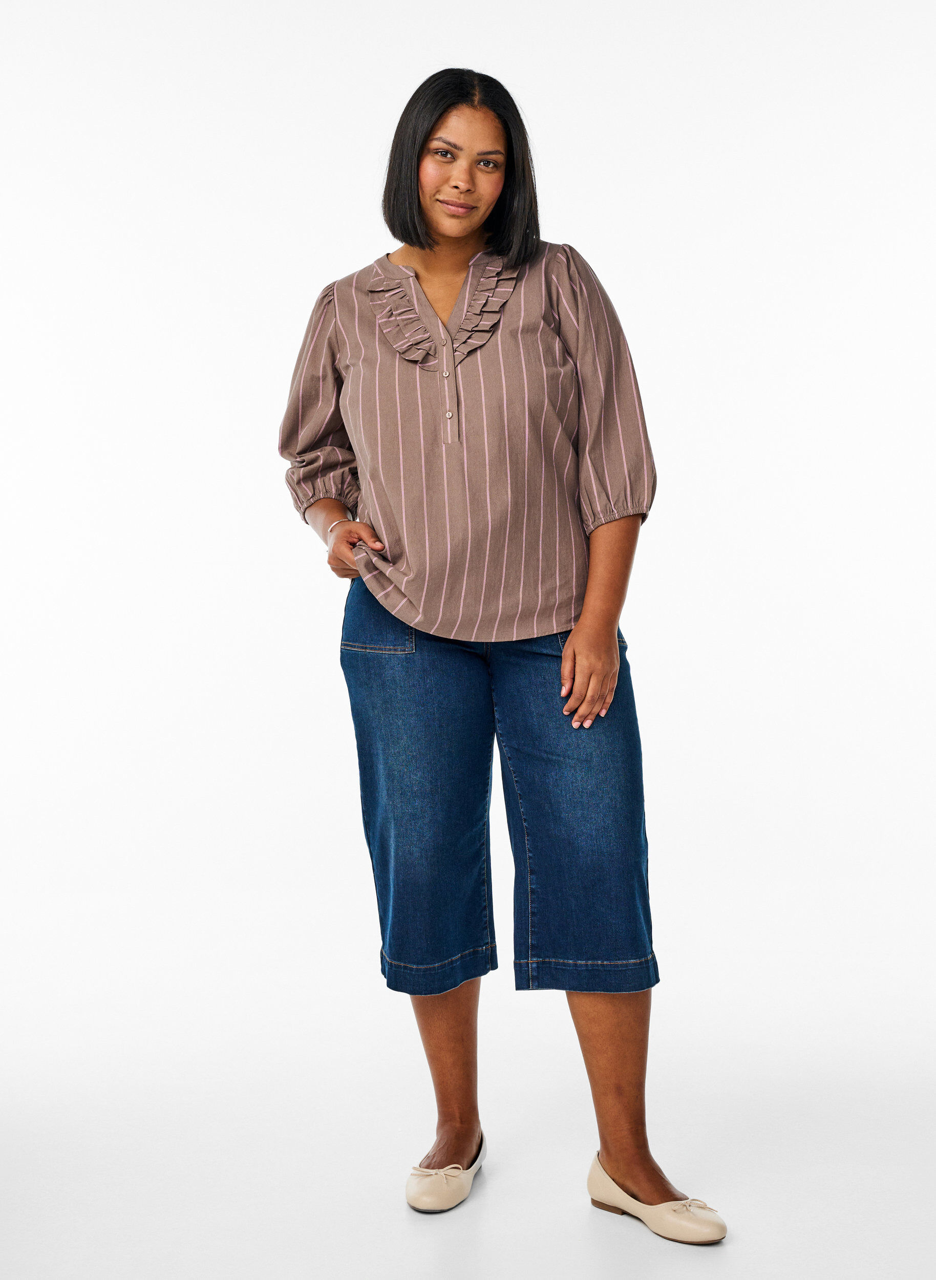 Zizzifashion 3/4 sleeve blouse in cotton with stripes, Brown, Model image number 1